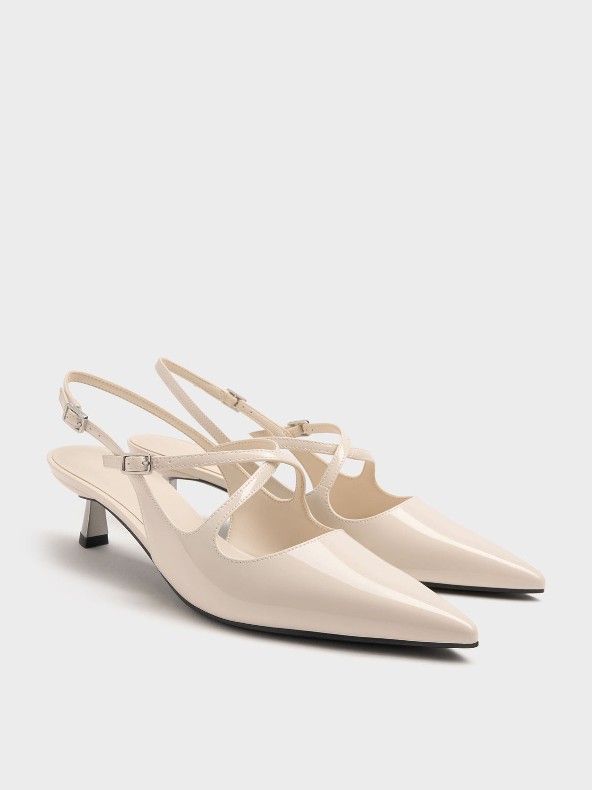 CHARLES & KEITH Smart Buy | Pauline Patent Crossover Kitten Heels - Chalk
