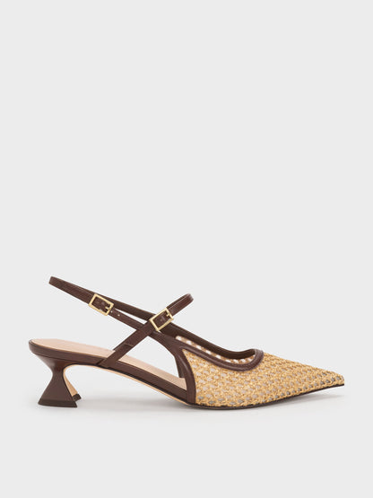 CHARLES & KEITH Featured | Raffia Sculptural-Heel Slingback Pumps - Dark Brown Textured