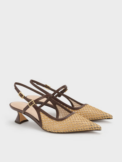 CHARLES & KEITH Featured | Raffia Sculptural-Heel Slingback Pumps - Dark Brown Textured