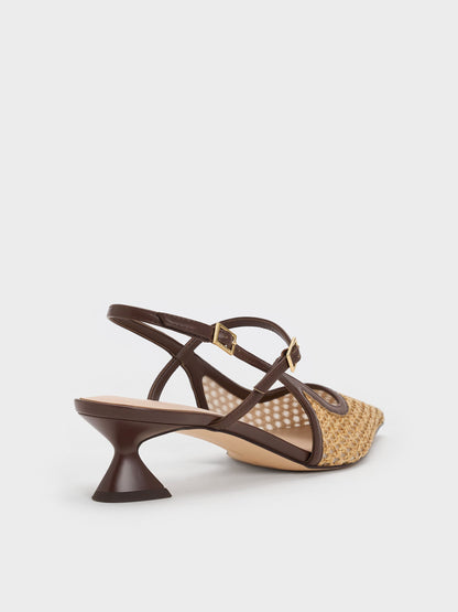 CHARLES & KEITH Featured | Raffia Sculptural-Heel Slingback Pumps - Dark Brown Textured