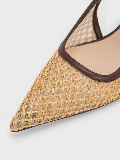 CHARLES & KEITH Featured | Raffia Sculptural-Heel Slingback Pumps - Dark Brown Textured