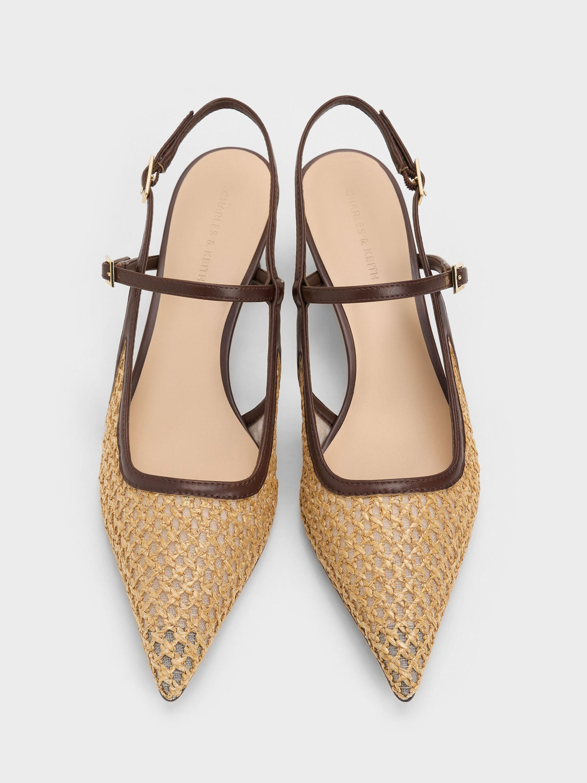 CHARLES & KEITH Featured | Raffia Sculptural-Heel Slingback Pumps - Dark Brown Textured