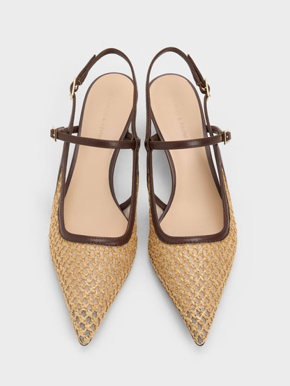 CHARLES & KEITH Featured | Raffia Sculptural-Heel Slingback Pumps - Dark Brown Textured