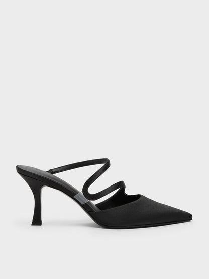 CHARLES & KEITH Top Pick | Arden Satin Pointed Wavy Heeled Mules - Black Textured