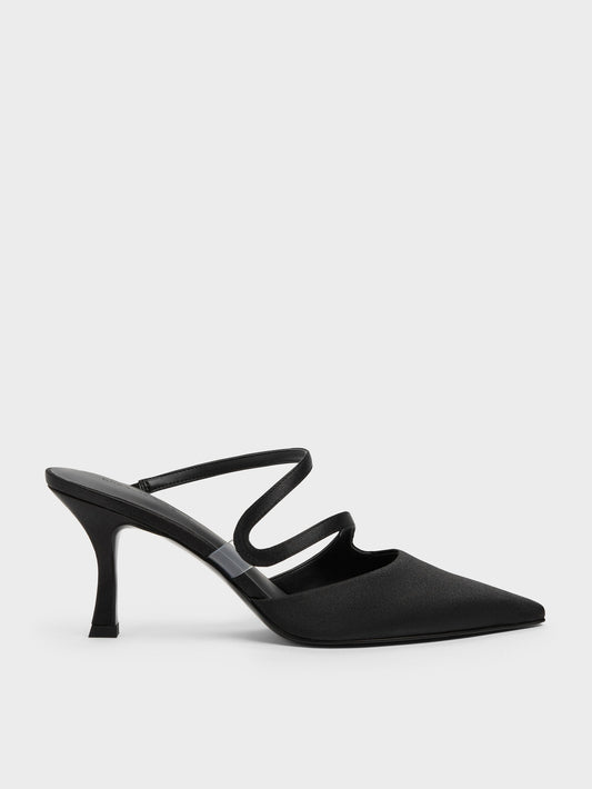 CHARLES & KEITH Top Pick | Arden Satin Pointed Wavy Heeled Mules - Black Textured