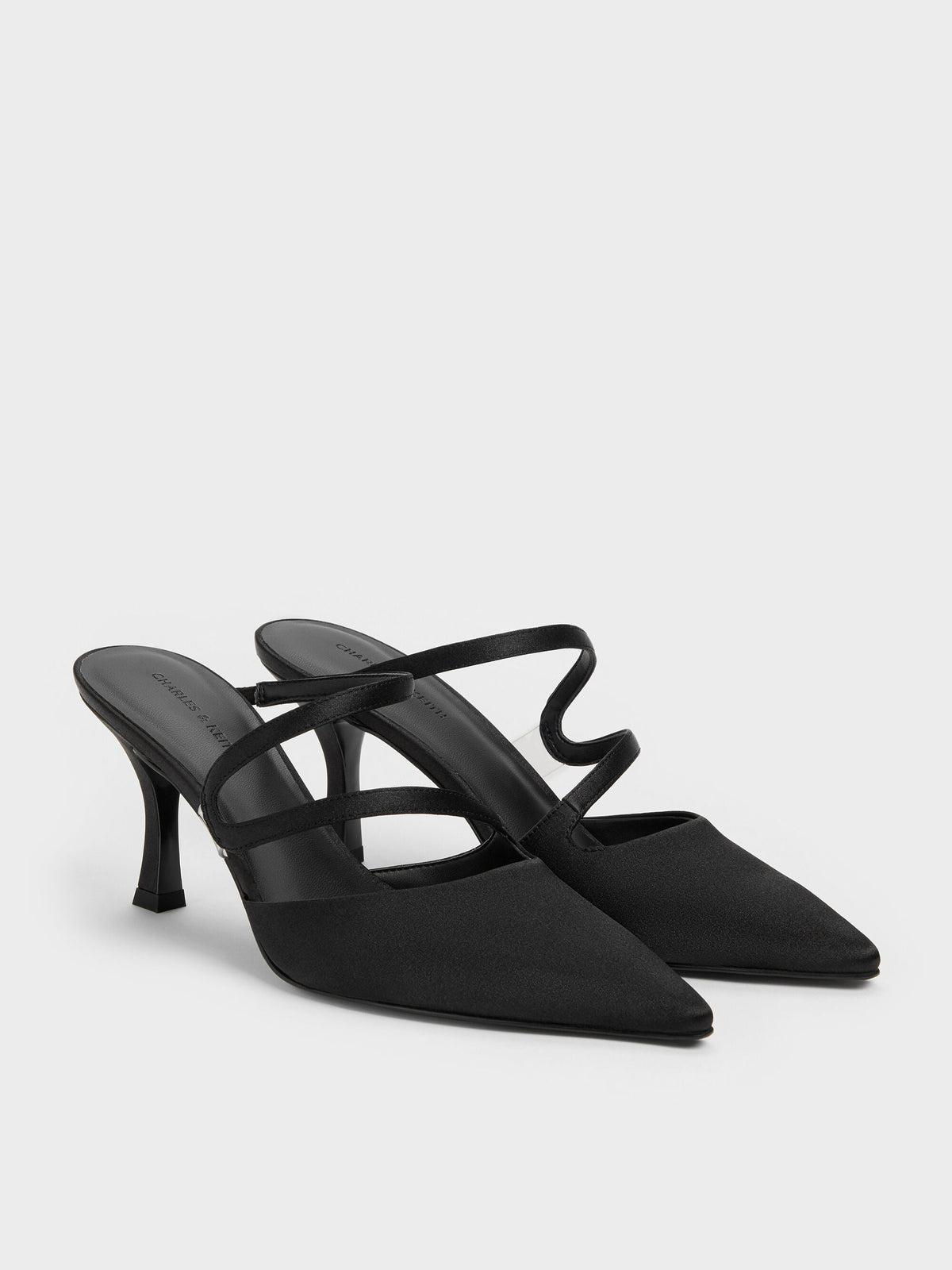 CHARLES & KEITH Top Pick | Arden Satin Pointed Wavy Heeled Mules - Black Textured
