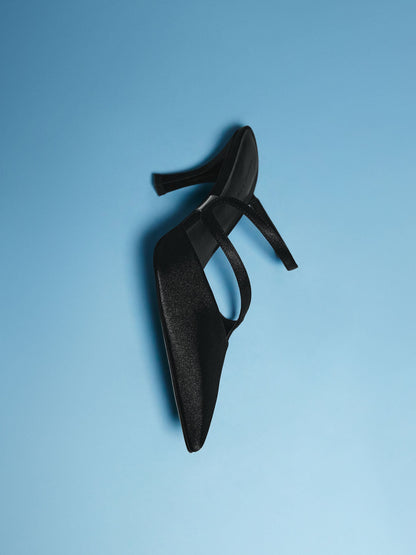 CHARLES & KEITH Top Pick | Arden Satin Pointed Wavy Heeled Mules - Black Textured