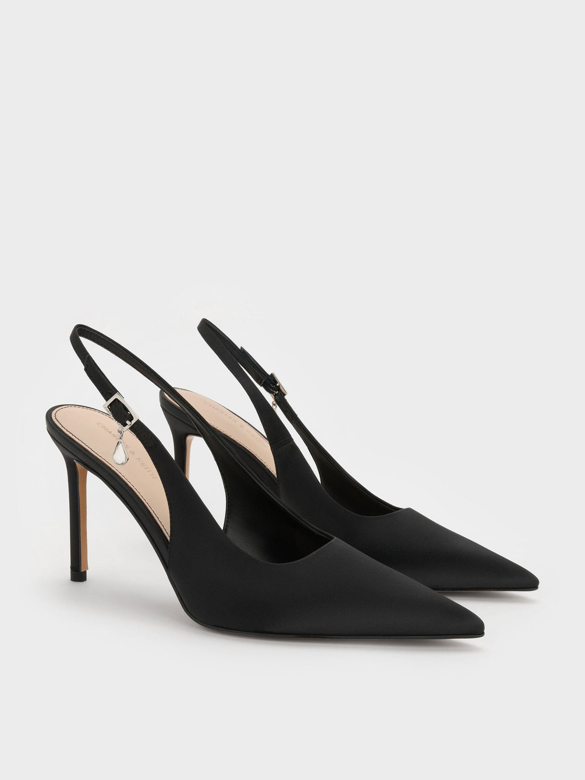 CHARLES & KEITH Trusted | Teardrop-Crystal Pointed Slingback Pumps - Black Textured