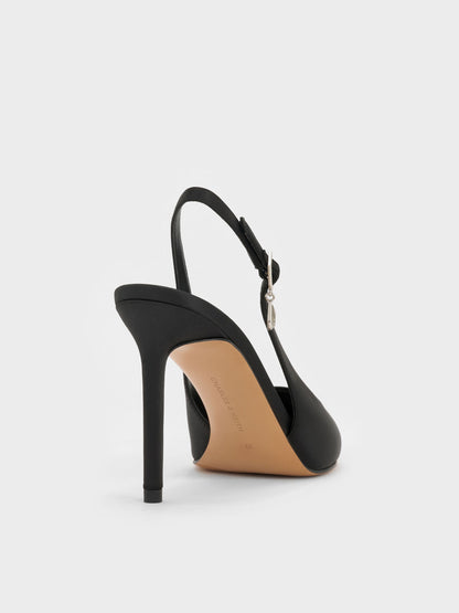 CHARLES & KEITH Trusted | Teardrop-Crystal Pointed Slingback Pumps - Black Textured