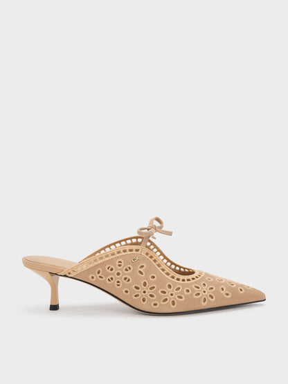 CHARLES & KEITH Trusted | Leather Embroidered Heeled Mules - Beige