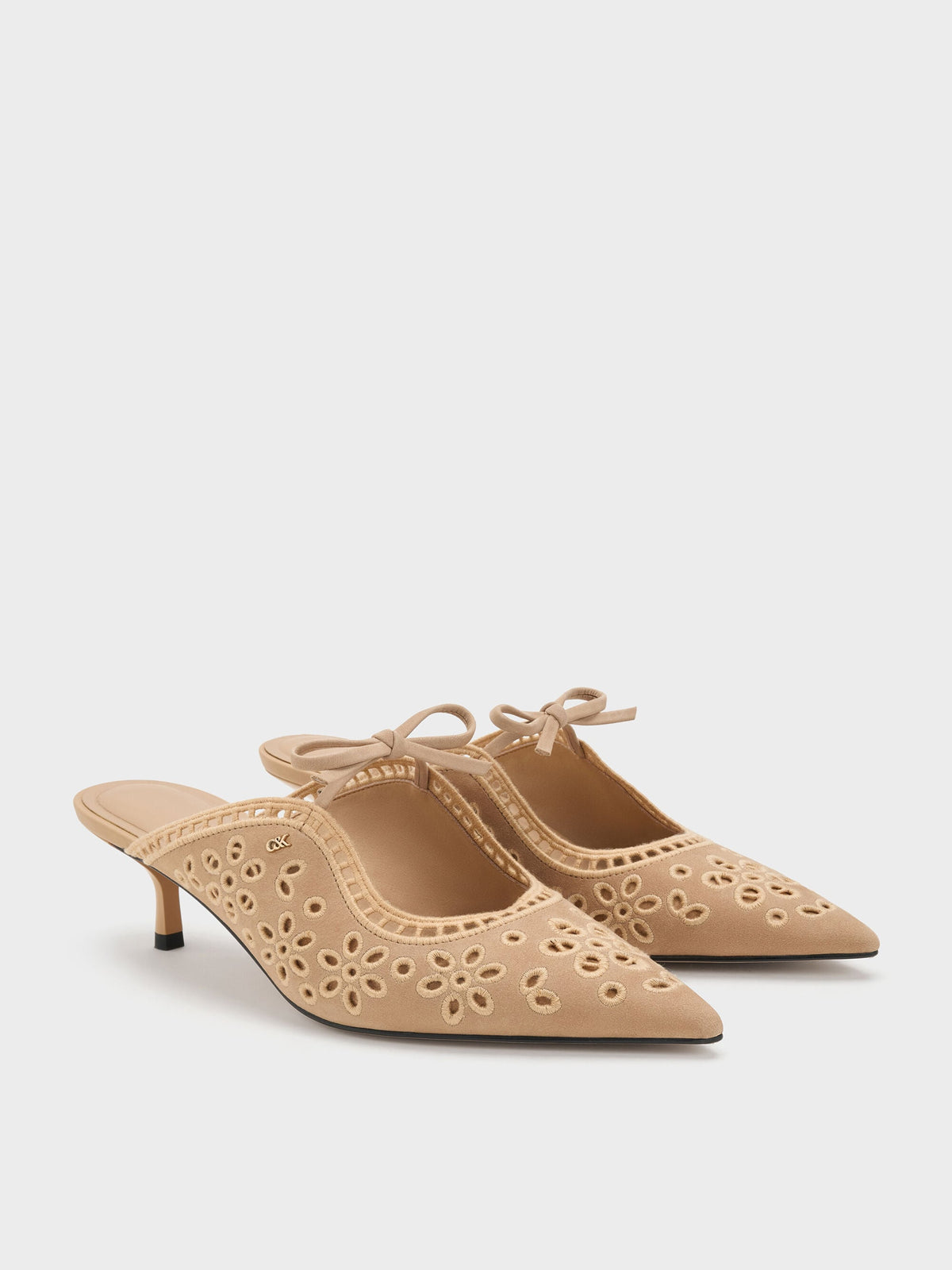 CHARLES & KEITH Trusted | Leather Embroidered Heeled Mules - Beige