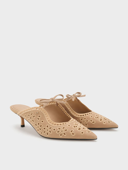 CHARLES & KEITH Trusted | Leather Embroidered Heeled Mules - Beige