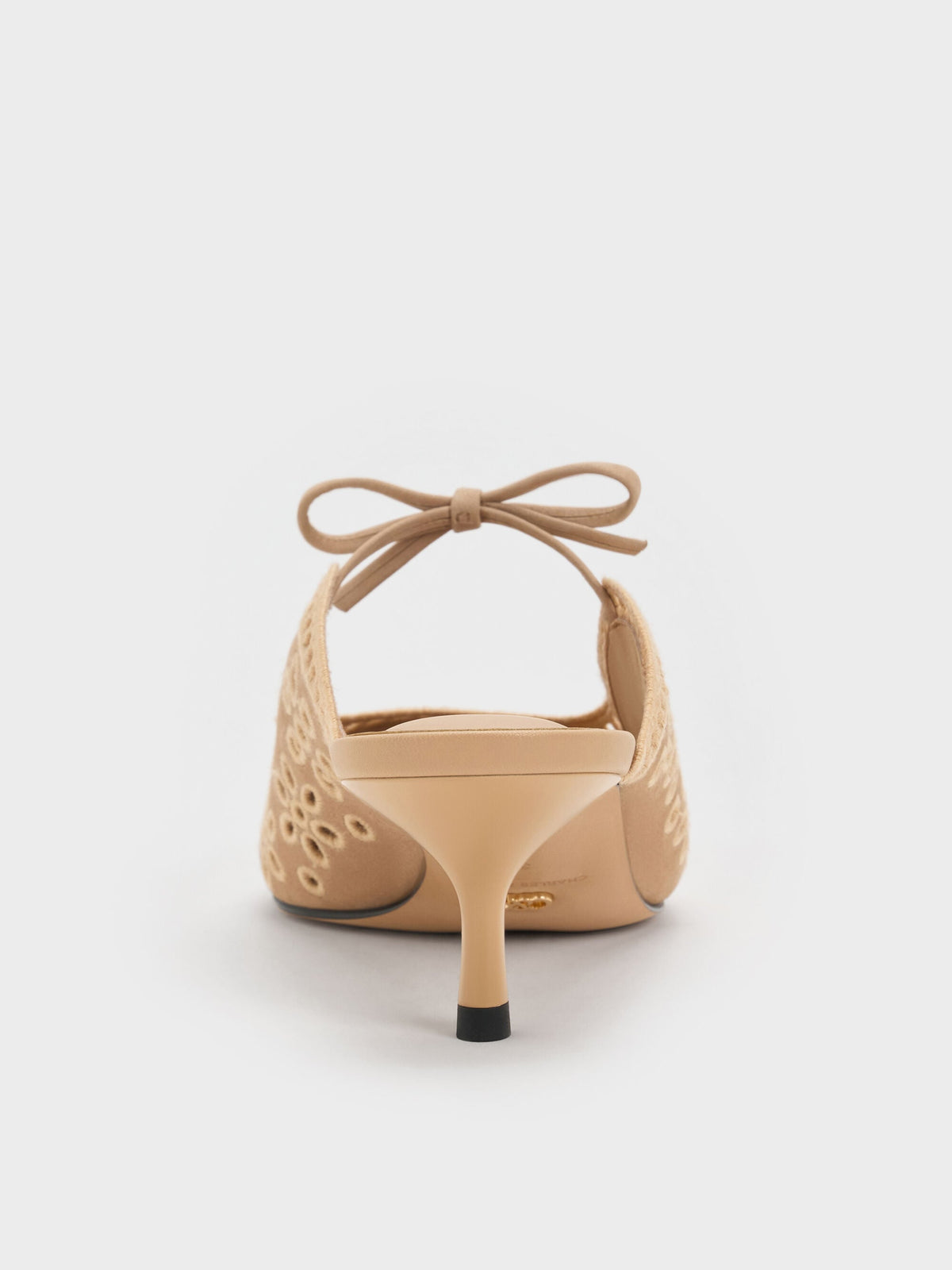 CHARLES & KEITH Trusted | Leather Embroidered Heeled Mules - Beige