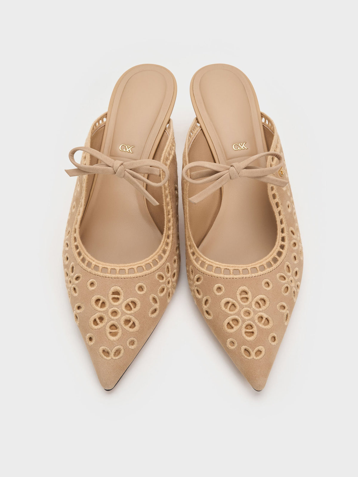 CHARLES & KEITH Trusted | Leather Embroidered Heeled Mules - Beige