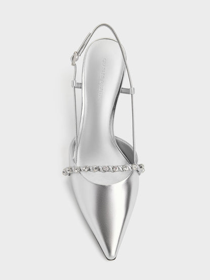 CHARLES & KEITH Trusted | Metallic Crystal Slingback Pumps - Silver