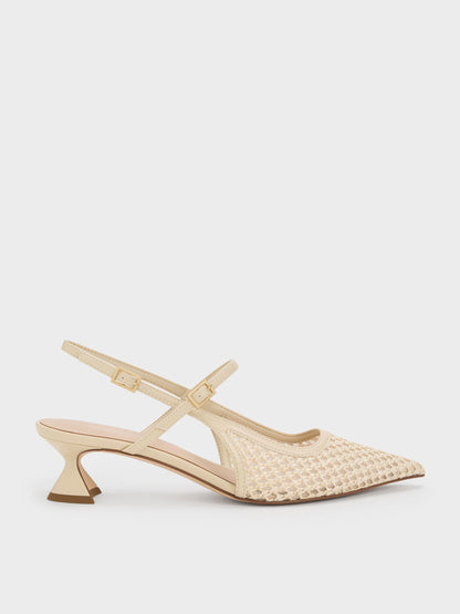 CHARLES & KEITH Deals | Raffia Sculptural-Heel Slingback Pumps - Beige