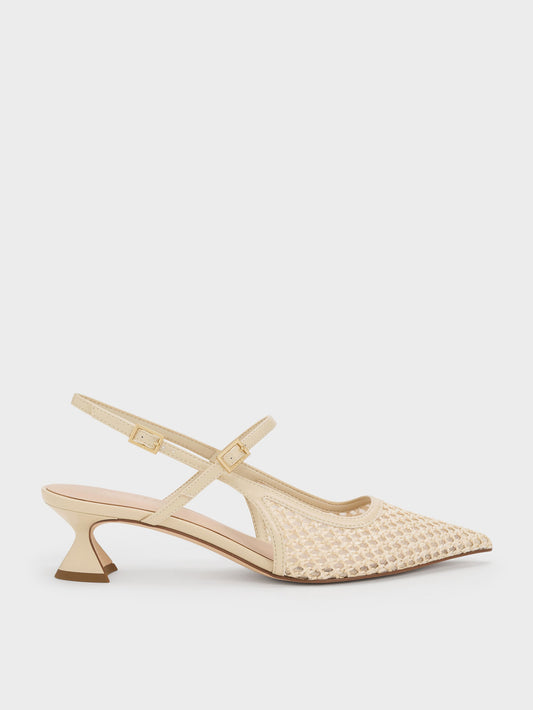 CHARLES & KEITH Deals | Raffia Sculptural-Heel Slingback Pumps - Beige