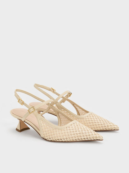 CHARLES & KEITH Deals | Raffia Sculptural-Heel Slingback Pumps - Beige