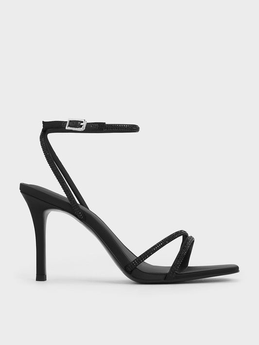 CHARLES & KEITH Essential | Satin Crystal-Embellished Asymmetric Heeled Sandals - Black Textured