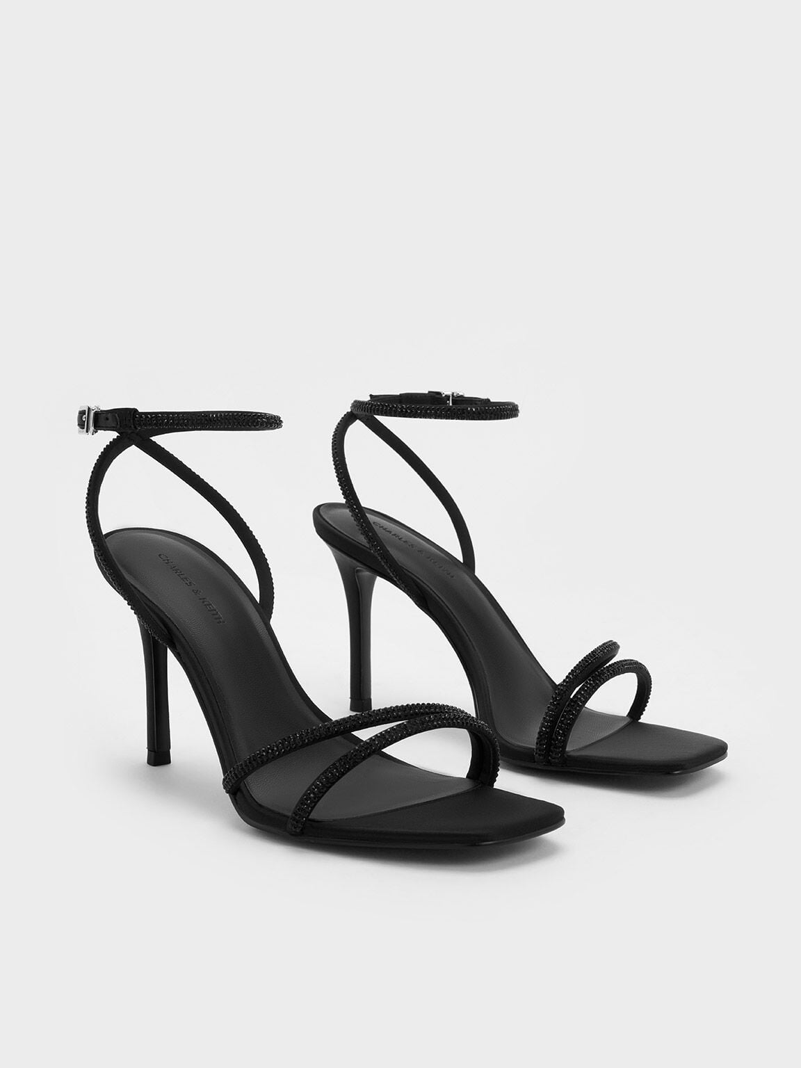 CHARLES & KEITH Essential | Satin Crystal-Embellished Asymmetric Heeled Sandals - Black Textured