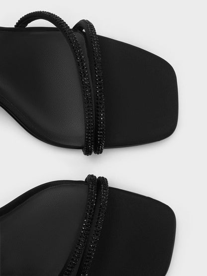 CHARLES & KEITH Essential | Satin Crystal-Embellished Asymmetric Heeled Sandals - Black Textured