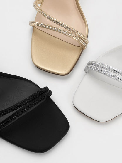 CHARLES & KEITH Essential | Satin Crystal-Embellished Asymmetric Heeled Sandals - Black Textured