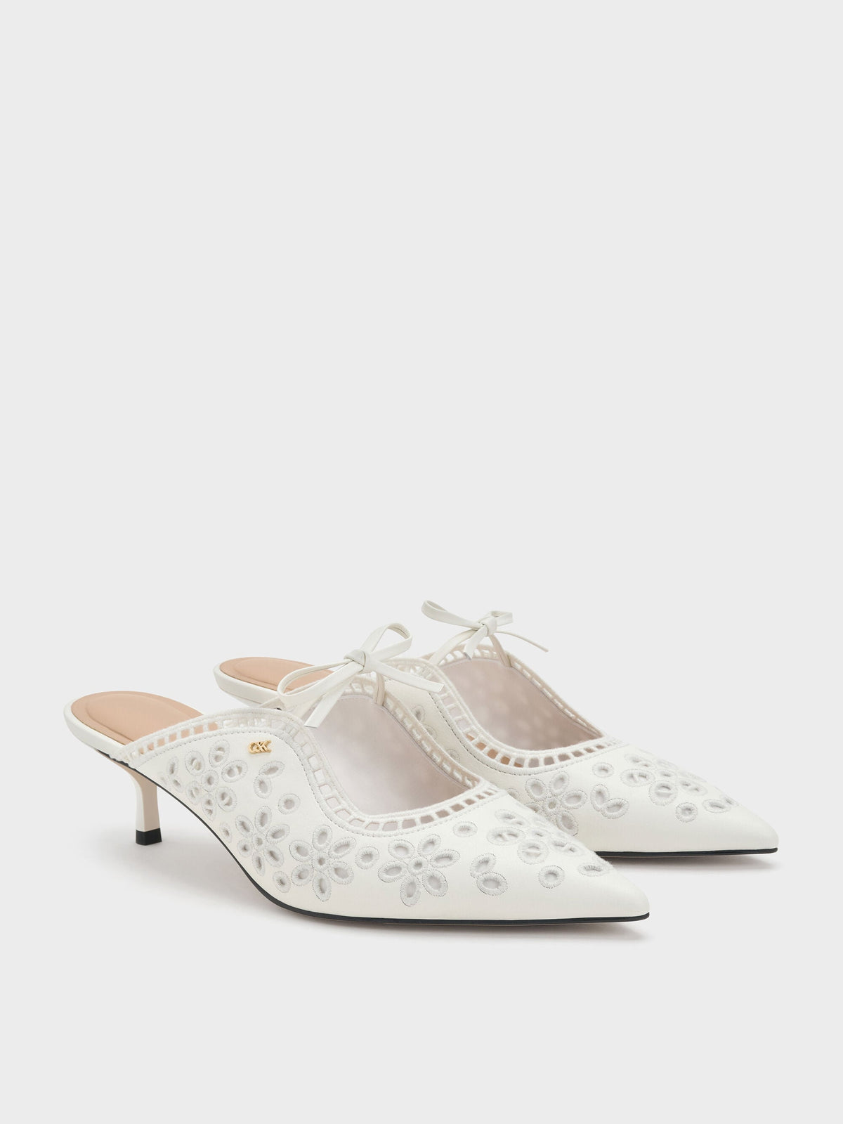 CHARLES & KEITH Best Price | Leather Embroidered Heeled Mules - White