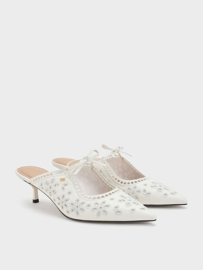 CHARLES & KEITH Best Price | Leather Embroidered Heeled Mules - White