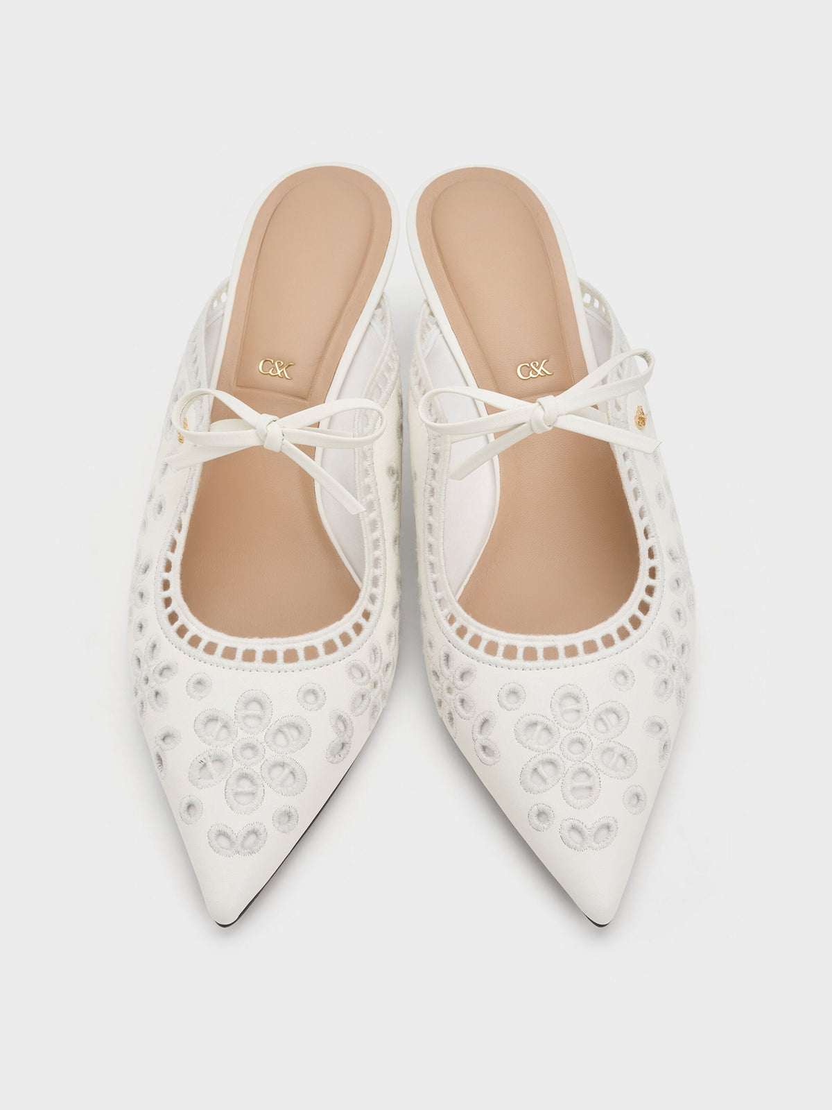 CHARLES & KEITH Best Price | Leather Embroidered Heeled Mules - White