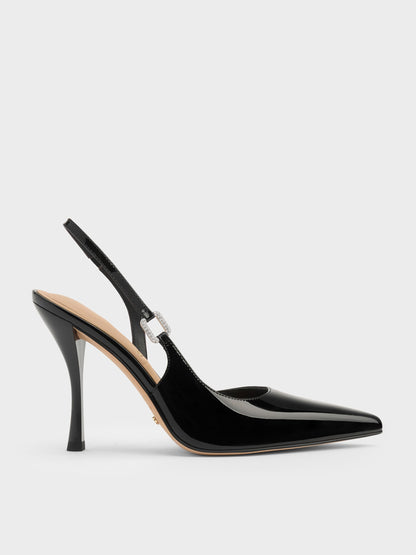 CHARLES & KEITH Signature | Patent Leather Crystal-Buckle Slingback Pumps - Black Patent