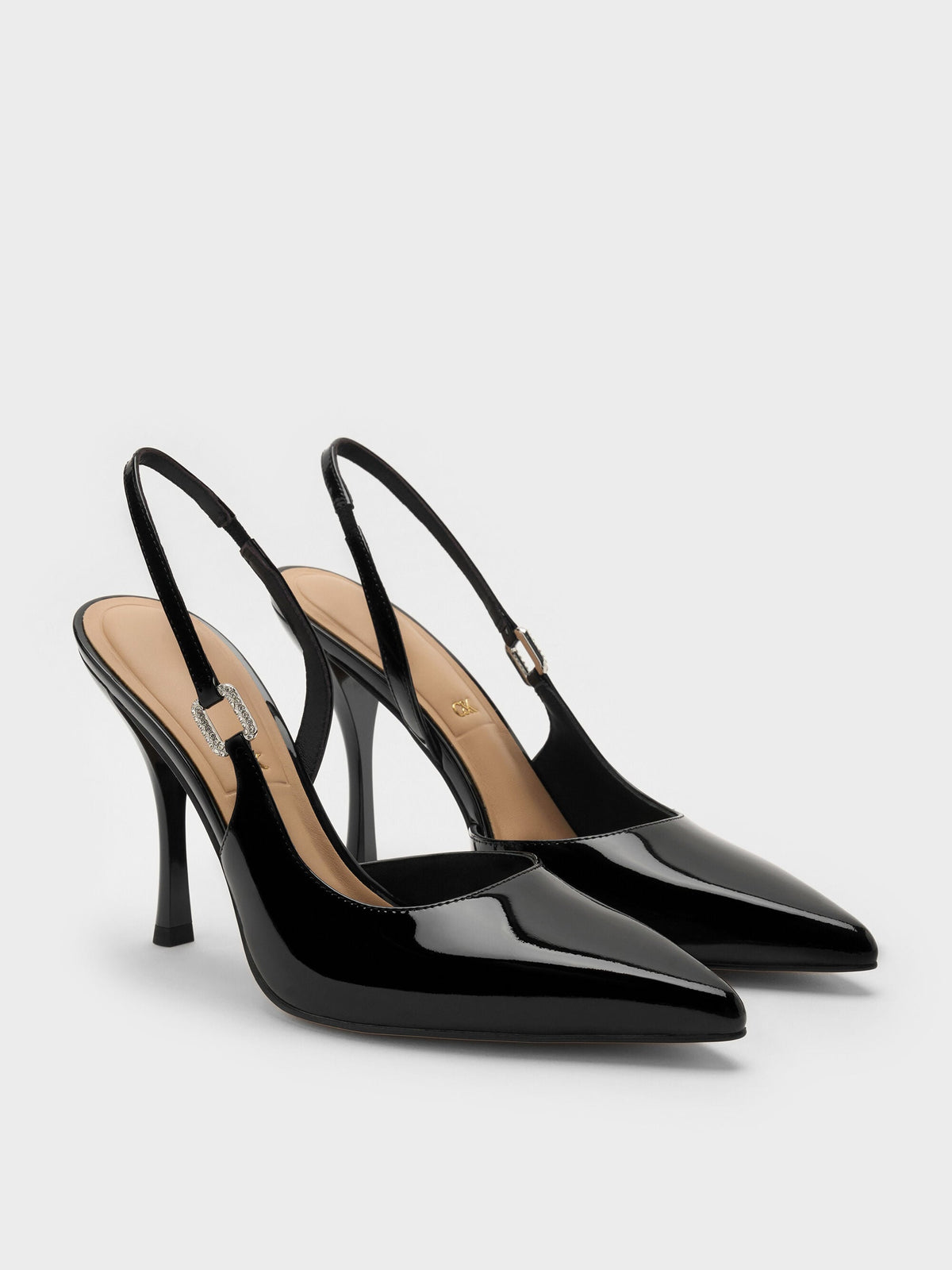 CHARLES & KEITH Signature | Patent Leather Crystal-Buckle Slingback Pumps - Black Patent