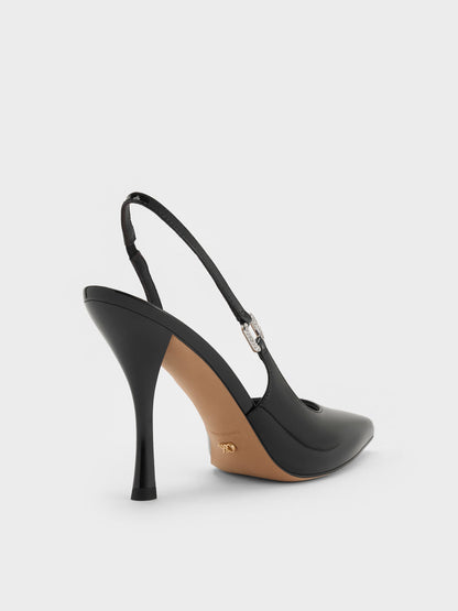 CHARLES & KEITH Signature | Patent Leather Crystal-Buckle Slingback Pumps - Black Patent