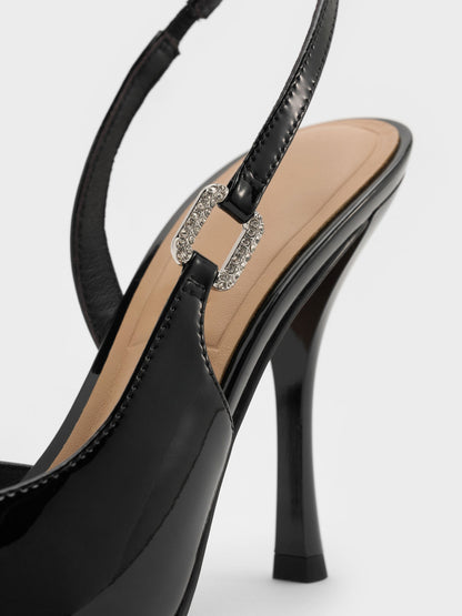 CHARLES & KEITH Signature | Patent Leather Crystal-Buckle Slingback Pumps - Black Patent