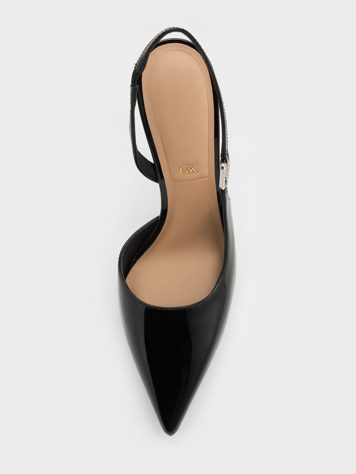 CHARLES & KEITH Signature | Patent Leather Crystal-Buckle Slingback Pumps - Black Patent