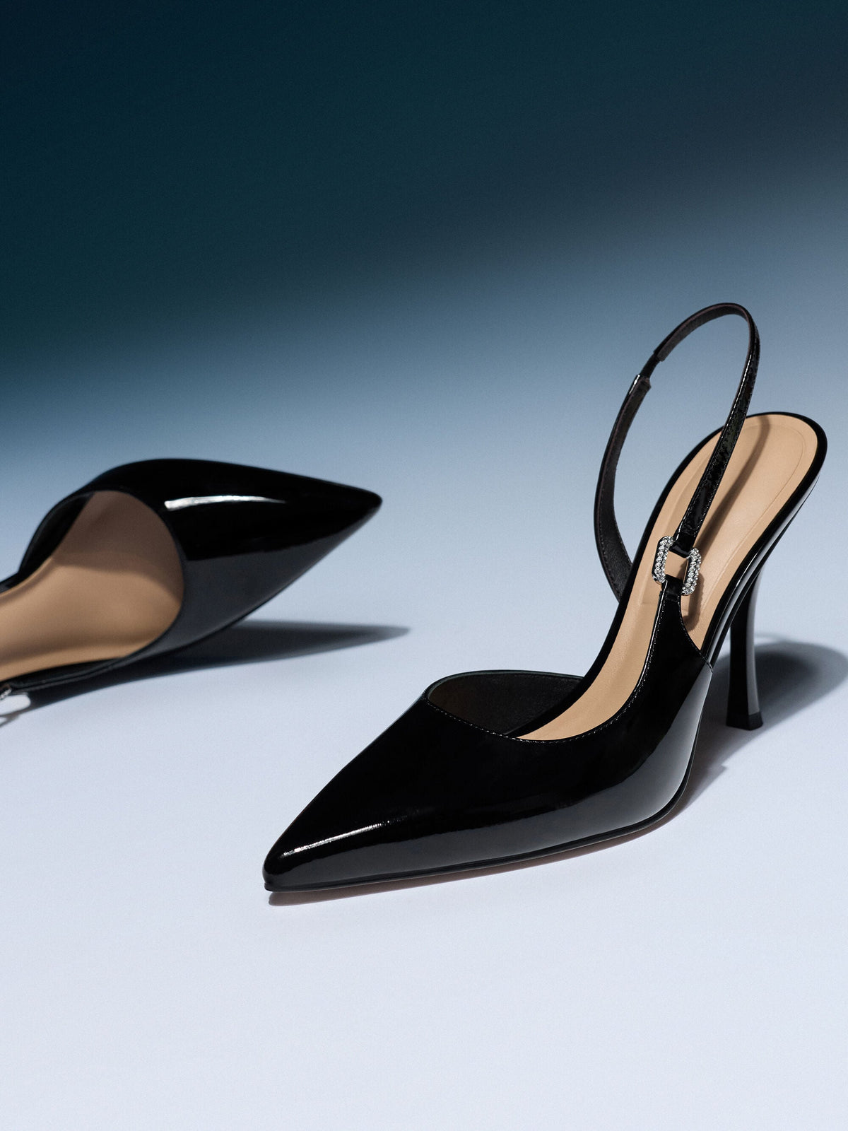 CHARLES & KEITH Signature | Patent Leather Crystal-Buckle Slingback Pumps - Black Patent