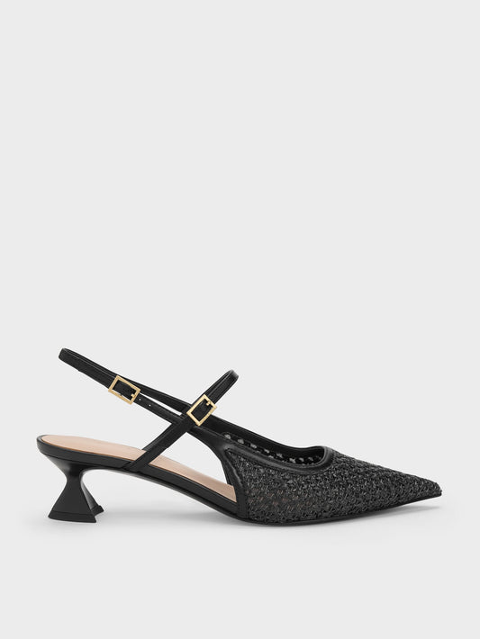CHARLES & KEITH Popular | Raffia Sculptural-Heel Slingback Pumps - Black Textured