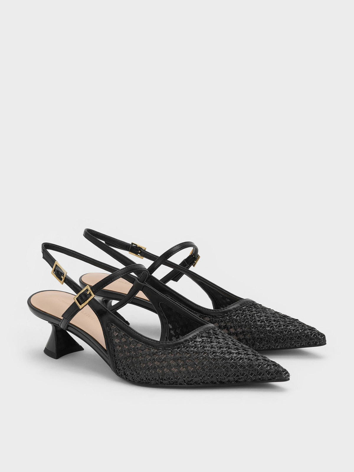 CHARLES & KEITH Popular | Raffia Sculptural-Heel Slingback Pumps - Black Textured