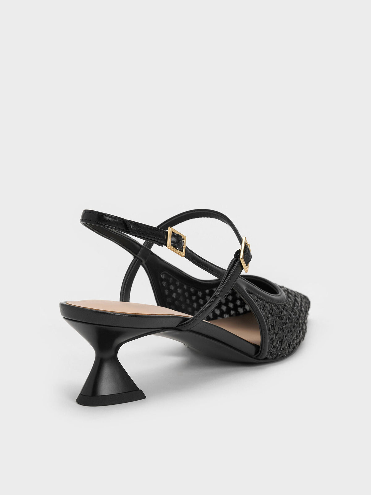 CHARLES & KEITH Popular | Raffia Sculptural-Heel Slingback Pumps - Black Textured