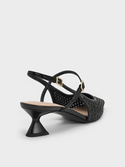 CHARLES & KEITH Popular | Raffia Sculptural-Heel Slingback Pumps - Black Textured