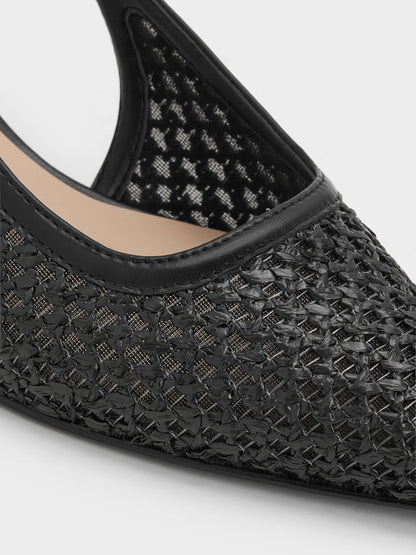 CHARLES & KEITH Popular | Raffia Sculptural-Heel Slingback Pumps - Black Textured