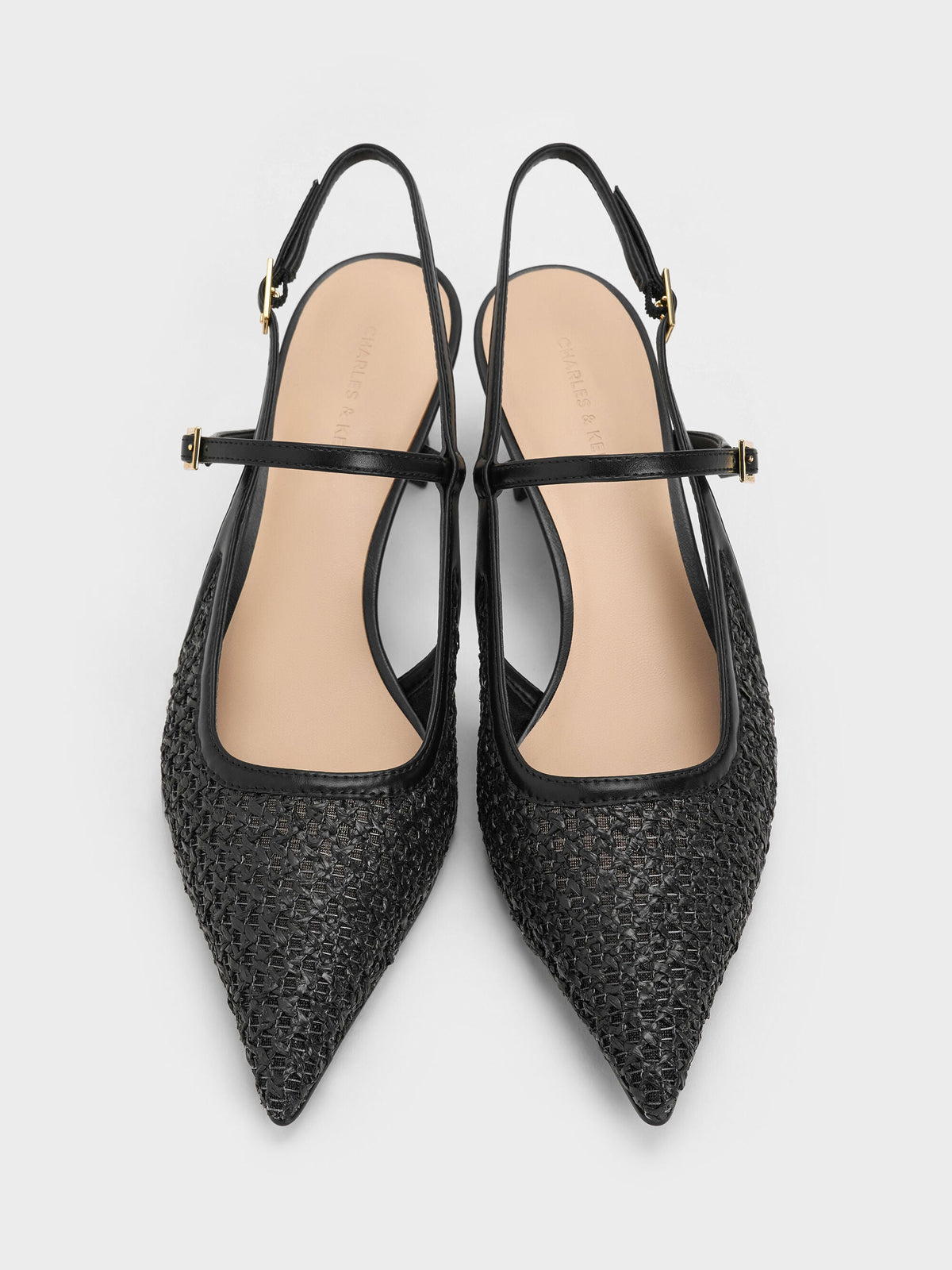 CHARLES & KEITH Popular | Raffia Sculptural-Heel Slingback Pumps - Black Textured