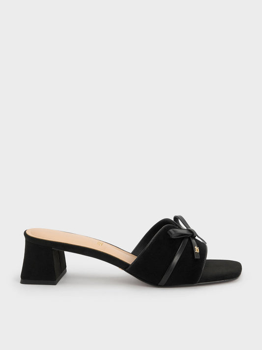CHARLES & KEITH Top Pick | Leather & Suede Bow Heeled Mules - Black Textured