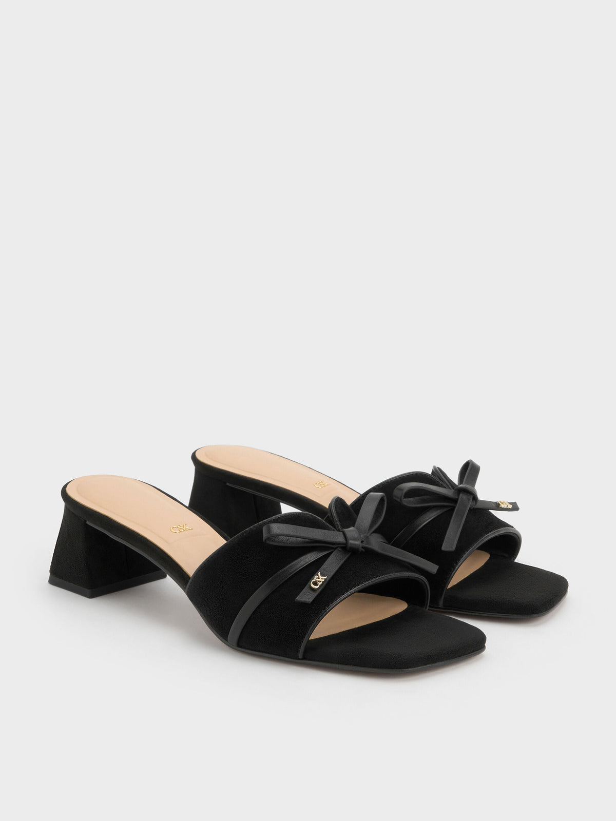 CHARLES & KEITH Top Pick | Leather & Suede Bow Heeled Mules - Black Textured