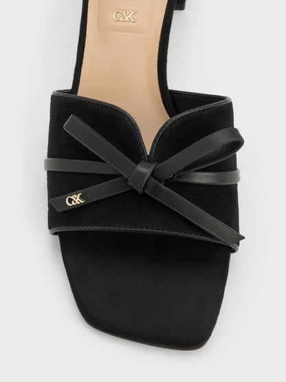 CHARLES & KEITH Top Pick | Leather & Suede Bow Heeled Mules - Black Textured