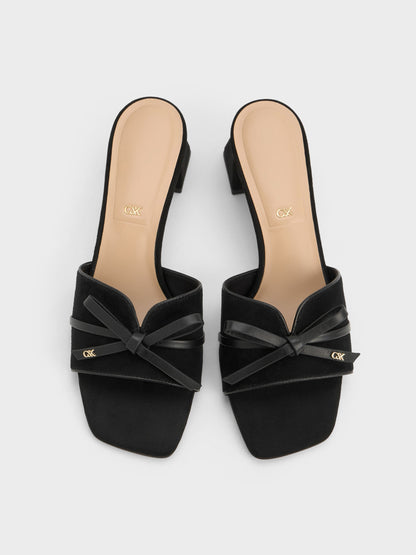 CHARLES & KEITH Top Pick | Leather & Suede Bow Heeled Mules - Black Textured