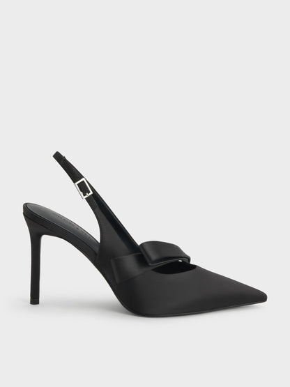CHARLES & KEITH New | Satin Pleated-Strap Slingback Pumps - Black Textured