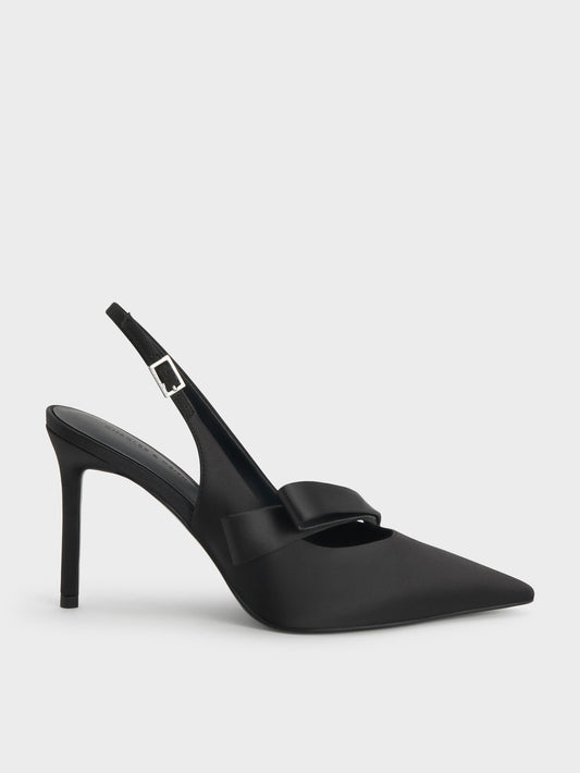 CHARLES & KEITH New | Satin Pleated-Strap Slingback Pumps - Black Textured