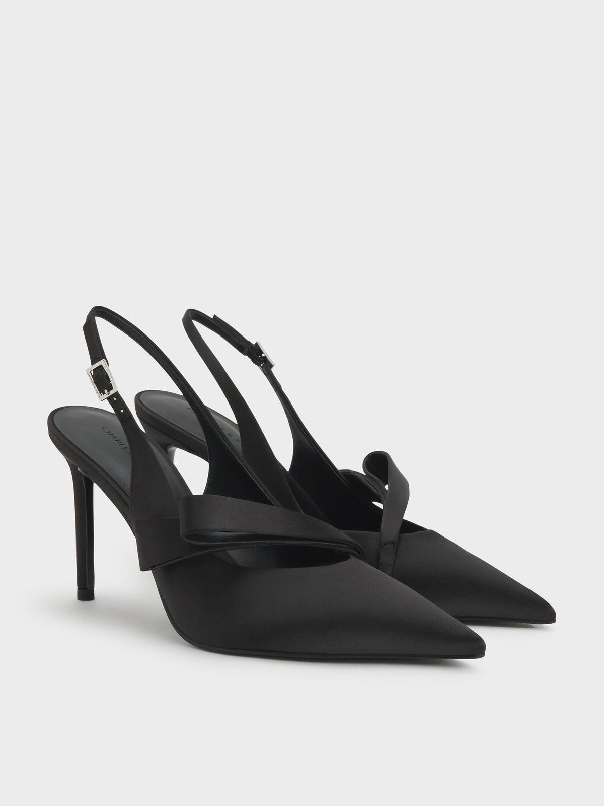 CHARLES & KEITH New | Satin Pleated-Strap Slingback Pumps - Black Textured