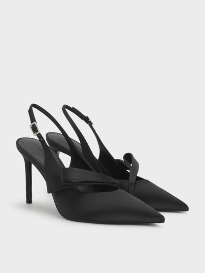 CHARLES & KEITH New | Satin Pleated-Strap Slingback Pumps - Black Textured