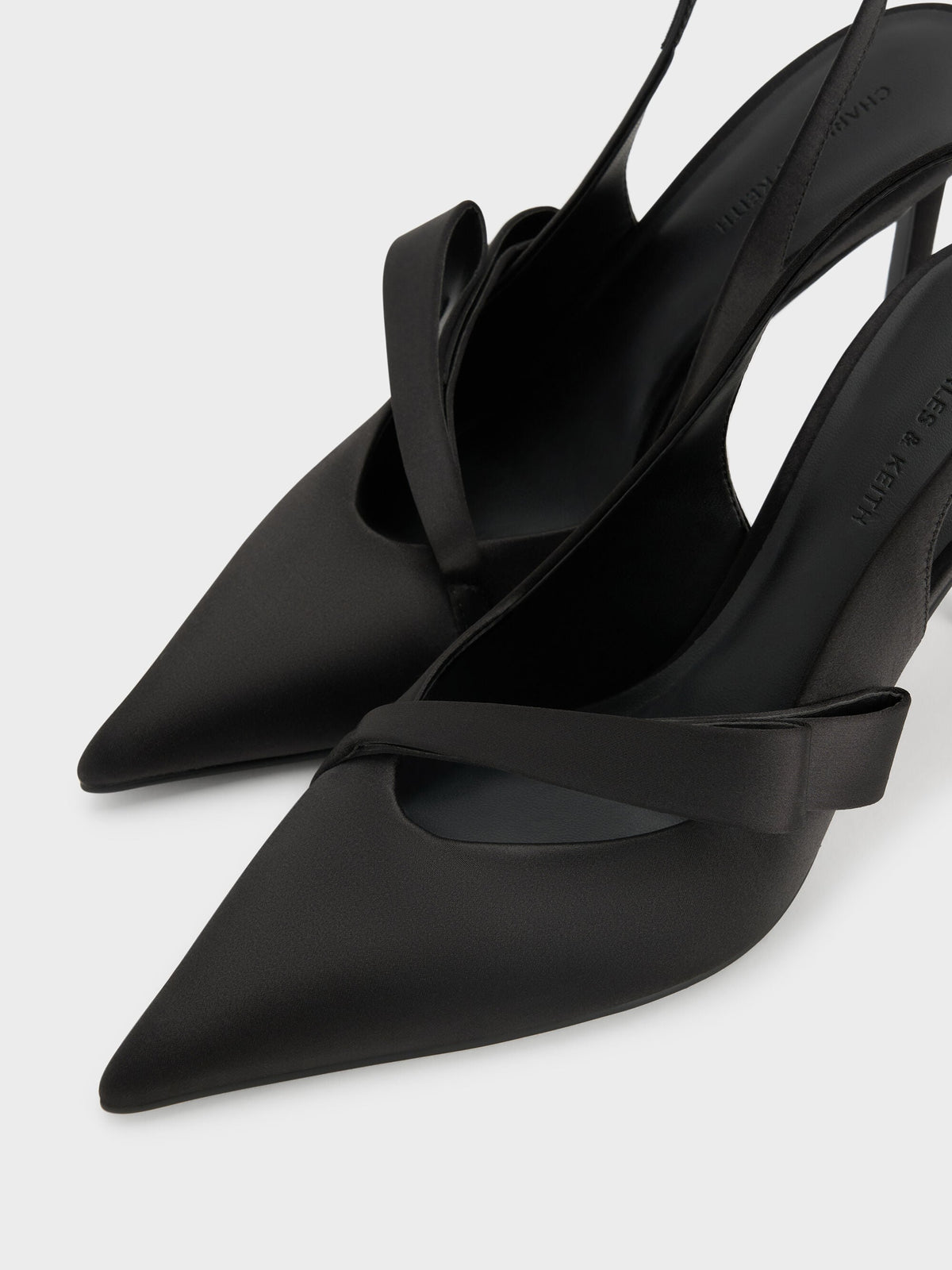 CHARLES & KEITH New | Satin Pleated-Strap Slingback Pumps - Black Textured